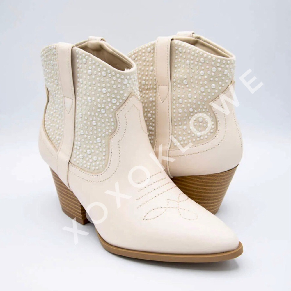 Ivory Faux Pearl Embellished Western Cowboy Boots - Picture 7 of 7
